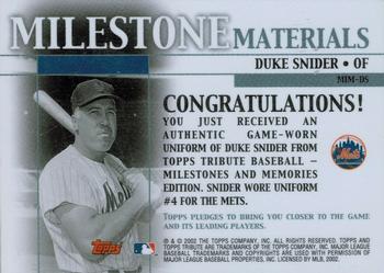 2002 Topps Tribute - Milestone Materials #MIM-DS Duke Snider Back
