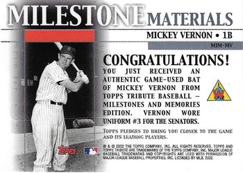 2002 Topps Tribute - Milestone Materials #MIM-MV Mickey Vernon Back