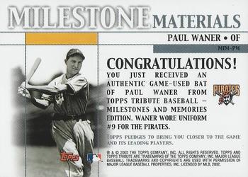 2002 Topps Tribute - Milestone Materials #MIM-PW Paul Waner Back