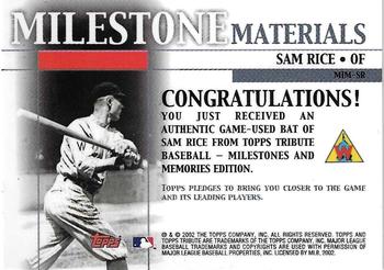 2002 Topps Tribute - Milestone Materials #MIM-SR Sam Rice Back
