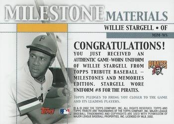 2002 Topps Tribute - Milestone Materials #MIM-WS Willie Stargell Back