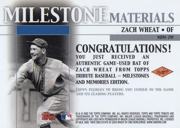 2002 Topps Tribute - Milestone Materials #MIM-ZW Zack Wheat Back