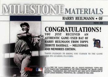 2002 Topps Tribute - Milestone Materials #MIM-HH Harry Heilmann Back