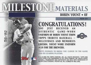 2002 Topps Tribute - Milestone Materials Season #MIM-RY Robin Yount Back