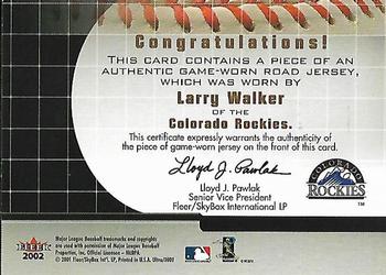 2002 Ultra - On the Road Game Jersey #NNO Larry Walker  Back
