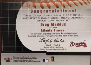 2002 Ultra - On the Road Game Jersey #NNO Greg Maddux  Back