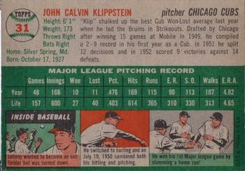 1954 Topps Canadian #31 Johnny Klippstein Back