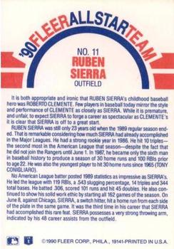 1990 Fleer - '90 Fleer All-Star Team #11 Ruben Sierra Back