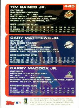 2000 Topps #445 Tim Raines Jr. / Gary Matthews Jr. / Garry Maddox Jr. Back