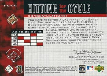 2002 Upper Deck Piece of History - Hitting for the Cycle Bats #HC-CR Cal Ripken Jr. Back