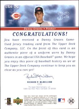 2002 Upper Deck Sweet Spot - USA Jerseys #USA-DG Danny Graves  Back