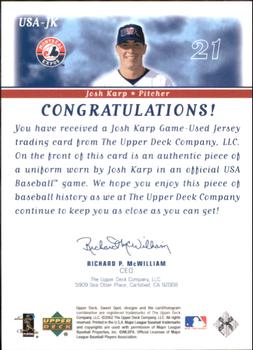 2002 Upper Deck Sweet Spot - USA Jerseys #USA-JK Josh Karp  Back