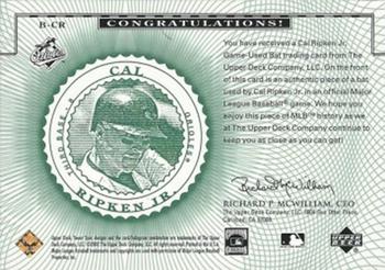 2002 Upper Deck Sweet Spot Classics - Game Bat Gold #B-CR Cal Ripken Jr. Back