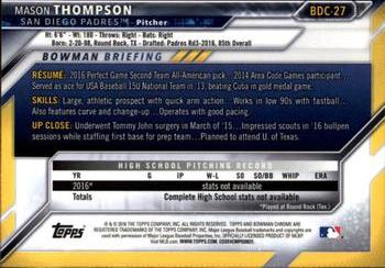 2016 Bowman Draft - Chrome #BDC-27 Mason Thompson Back
