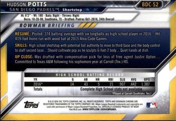 2016 Bowman Draft - Chrome #BDC-52 Hudson Potts Back
