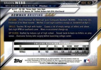 2016 Bowman Draft - Chrome #BDC-82 Braden Webb Back