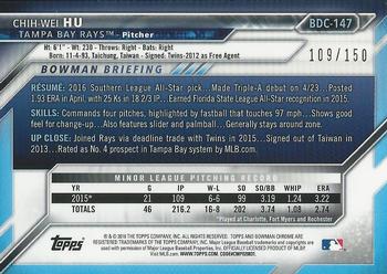 2016 Bowman Draft - Chrome Blue Refractor #BDC-147 Chih-Wei Hu Back