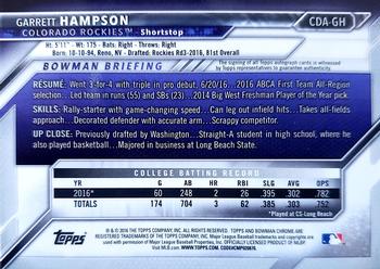 2016 Bowman Draft - Chrome Draft Pick Autographs #CDA-GH Garrett Hampson Back