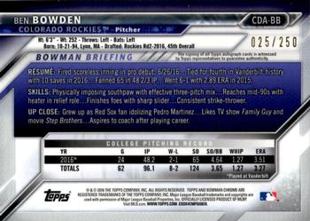 2016 Bowman Draft - Chrome Draft Pick Autographs Purple Refractor #CDA-BB Ben Bowden Back