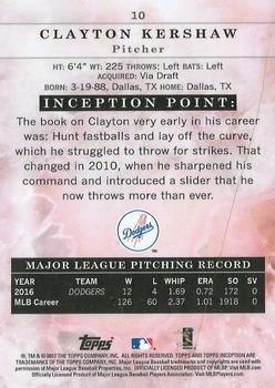 2017 Topps Inception #10 Clayton Kershaw Back
