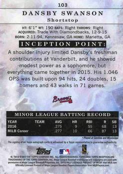 2017 Topps Inception #103 Dansby Swanson Back