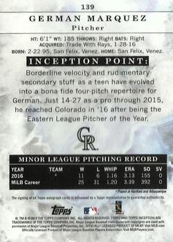 2017 Topps Inception #139 German Marquez Back