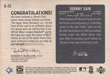 2002 Upper Deck Vintage - Aces Game Jersey #A-JS Johnny Sain  Back