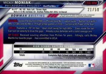 2016 Bowman Draft - Chrome Draft Pick Autographs Gold Wave Refractor #CDA-MM Mickey Moniak Back