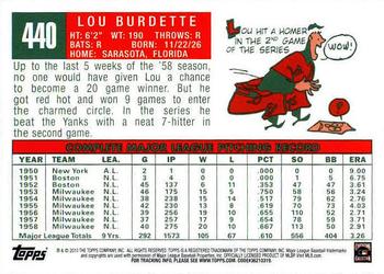 2010 Topps Update - The Cards Your Mom Threw Out (Original Back) #440 Lew Burdette Back