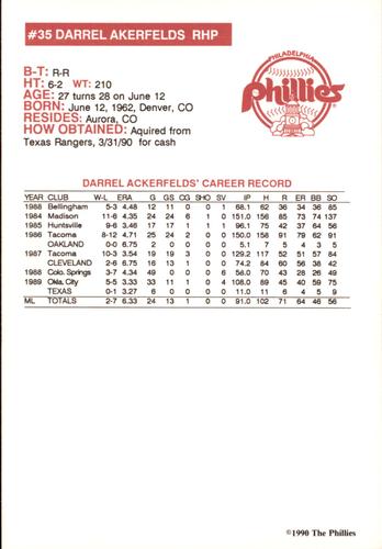 1990 Philadelphia Phillies Photocards #NNO Darrel Akerfelds Back