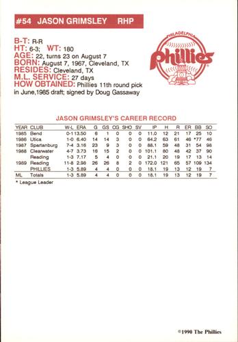 1990 Philadelphia Phillies Photocards #NNO Jason Grimsley Back