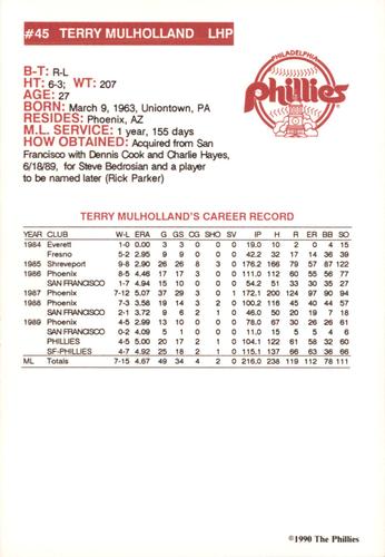 1990 Philadelphia Phillies Photocards #NNO Terry Mulholland Back
