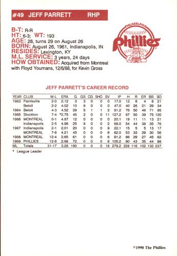 1990 Philadelphia Phillies Photocards #NNO Jeff Parrett Back