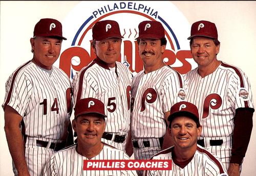 1990 Philadelphia Phillies Photocards #NNO Phillies Coaches (Denis Menke / Mike Ryan / John Vukovich / Hal Lanier / Darold Knowles / Larry Bowa) Front