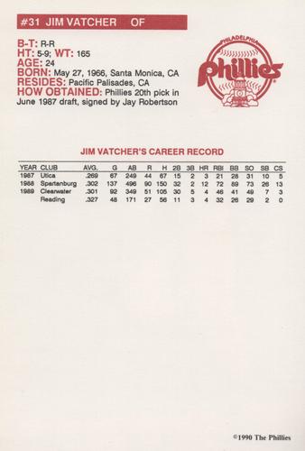 1990 Philadelphia Phillies Photocards #NNO Jim Vatcher Back