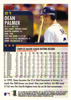 2000 Topps Opening Day #21 Dean Palmer Back