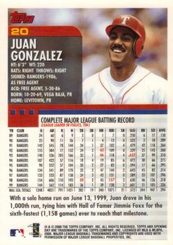 2000 Topps Opening Day #20 Juan Gonzalez Back