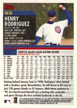 2000 Topps Opening Day #93 Henry Rodriguez Back