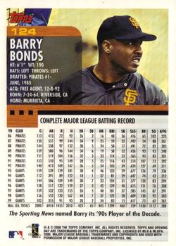2000 Topps Opening Day #124 Barry Bonds Back