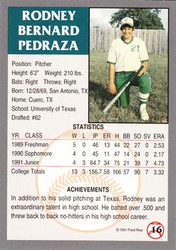 1991 Front Row Draft Picks #16 Rodney Pedraza Back