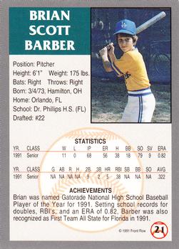 1991 Front Row Draft Picks #21 Brian Barber Back