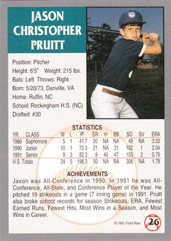1991 Front Row Draft Picks #26 Jason Pruitt Back