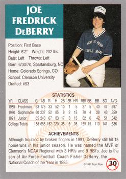 1991 Front Row Draft Picks #30 Joe DeBerry Back