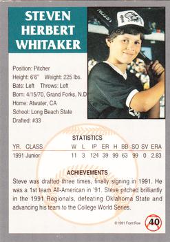 1991 Front Row Draft Picks #40 Steve Whitaker Back