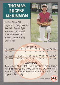 1991 Front Row Draft Picks #41 Tom McKinnon Back