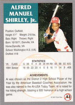 1991 Front Row Draft Picks #43 Al Shirley, Jr. Back