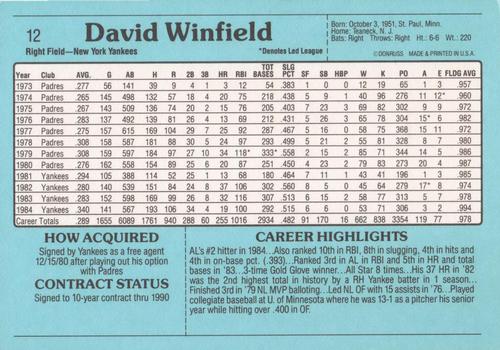 1985 Donruss Action All-Stars #12 Dave Winfield Back