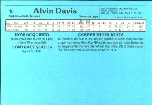 1985 Donruss Action All-Stars #16 Alvin Davis Back