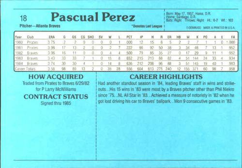 1985 Donruss Action All-Stars #18 Pascual Perez Back