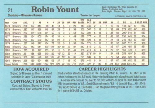 1985 Donruss Action All-Stars #21 Robin Yount Back